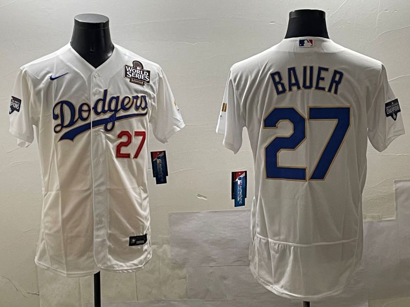 Men Los Angeles Dodgers 27 Bauer White Gold Elite 2025 Nike MLB Jersey style 9